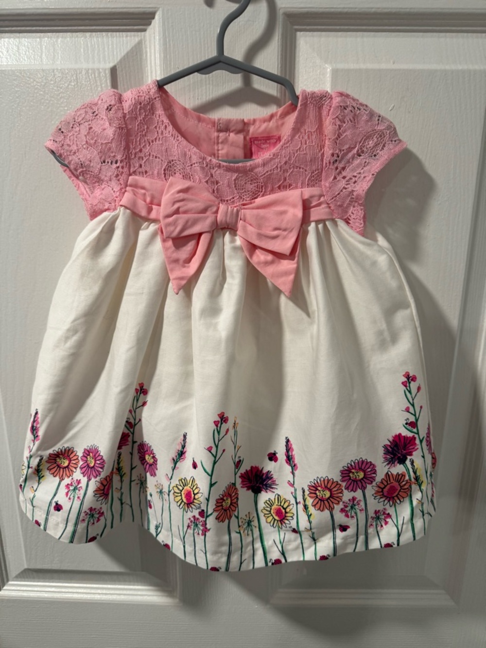 The Children's Place Pink Lace&  Cream Dress with Floral Hem and Bow Accent 9/12